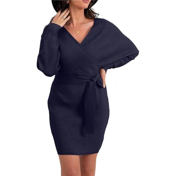 Women's V Neck Batwing Long Sleeve Sexy Navy Blue - Picture 3 of 5